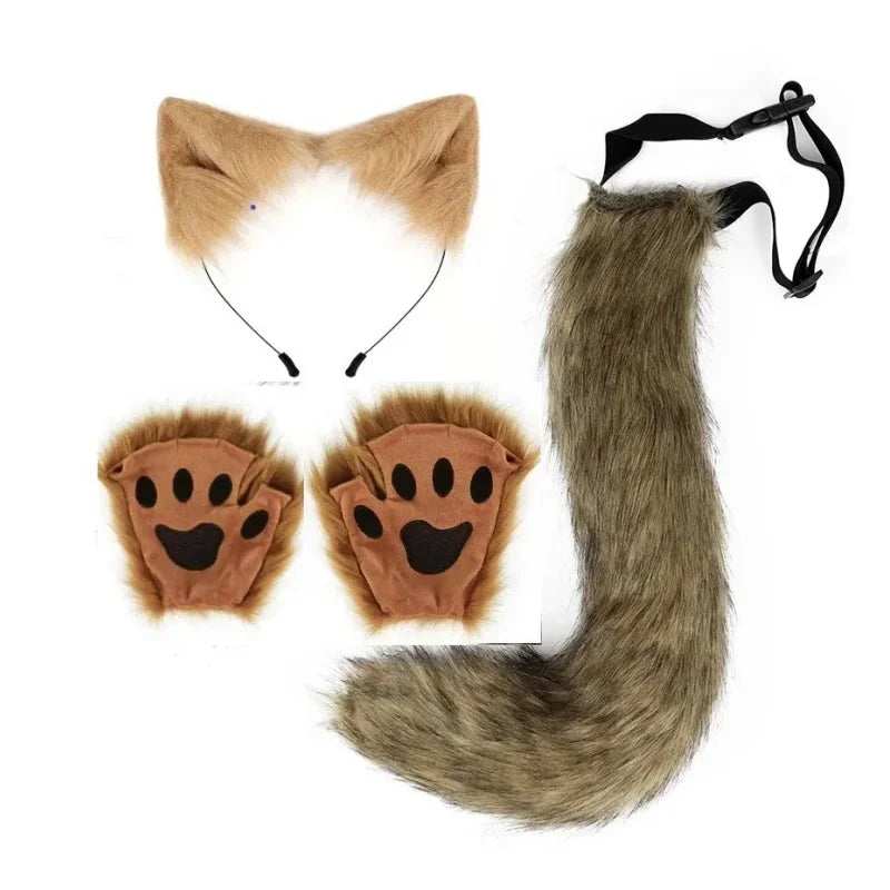 FluffyAnime-guantes y orejas de piel de Animal, cola de zorro, patas de gato, máscara facial, conjunto de disfraz de Cosplay, accesorios para fiesta de Halloween
