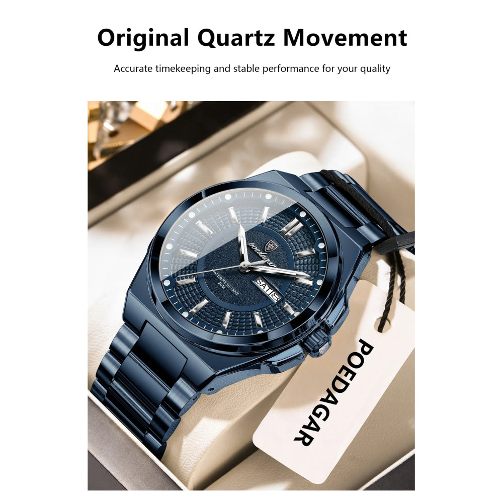 POEDAGAR Sport Original Men Clock Quartz Date Week Luxury Man Wristwatch Waterproof Luminous Stainless Steel Men's Watches Reloj