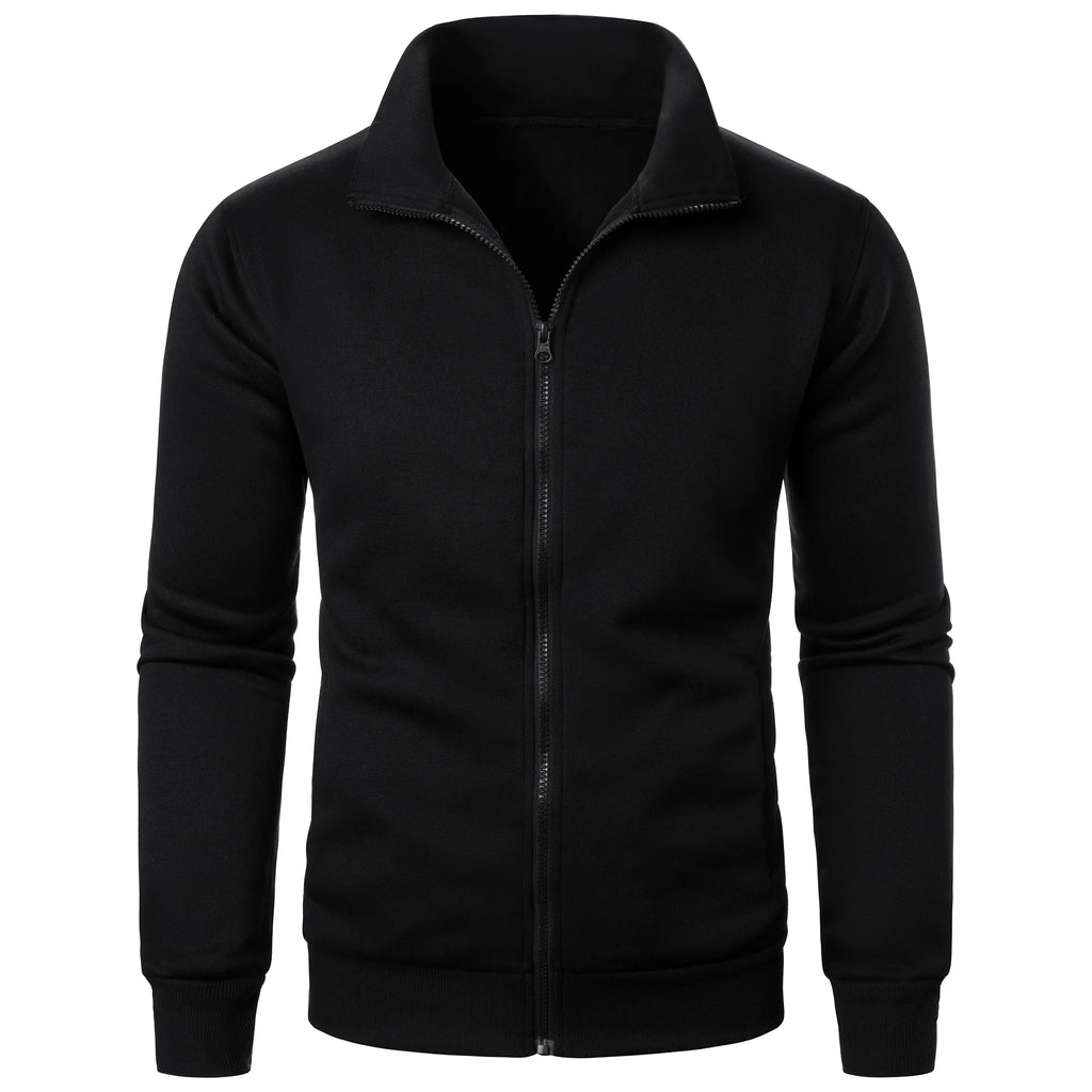 Chaqueta deportiva informal con cuello levantado y cremallera para hombre, top de color sólido para hombre