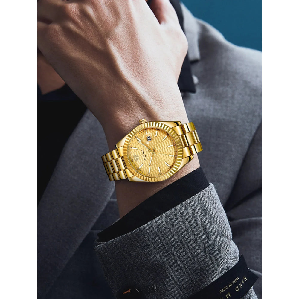 TOMI New Men's Watch Brooch Ring Gift Box Set Luxury Business Stainless Steel Strap Men's Calendar Casual Quartz Watch Reloj