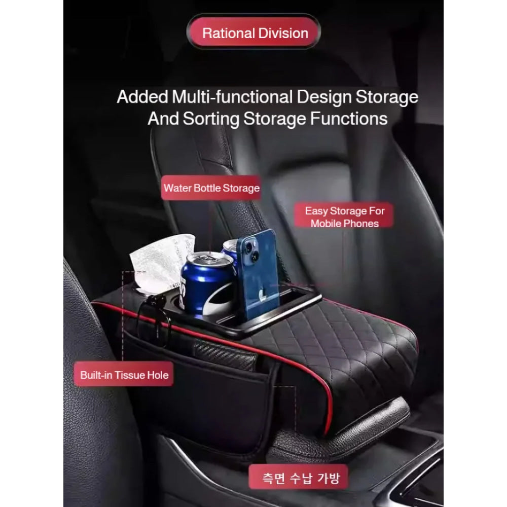 Reposabrazos para Coche 5 en 1: Caja para Pañuelos, Portavasos, Bolsa de Almacenamiento Multifuncional, Almohadilla Elevadora y Cojín con Bolsillo
