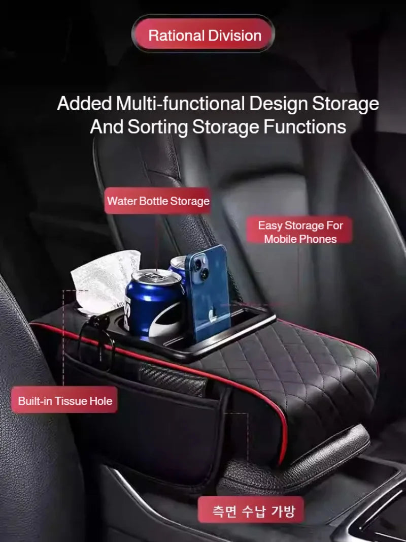 Reposabrazos para Coche 5 en 1: Caja para Pañuelos, Portavasos, Bolsa de Almacenamiento Multifuncional, Almohadilla Elevadora y Cojín con Bolsillo