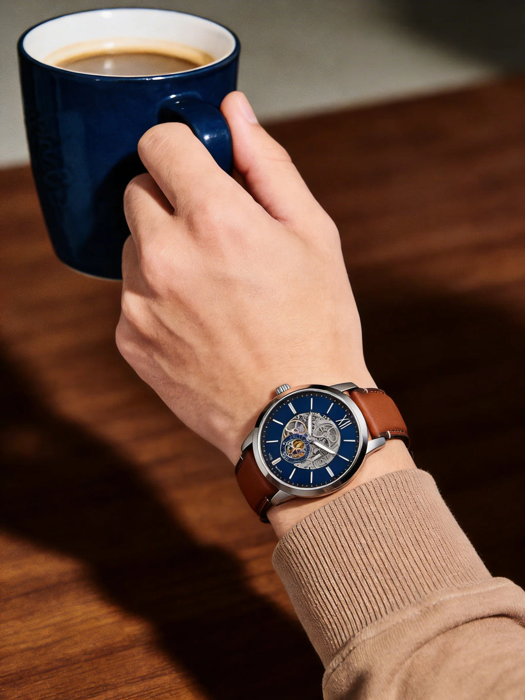 Fossil Men's Automatic Mechanical Watch Skeleton Dial Visible Movement Leather Strap Blue Navy Business Dress Gift Boyfriend