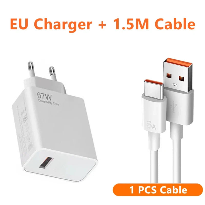 Cargador de pared ultrarrápido para Xiaomi, Cable USB tipo C, 6A, 67W, UE, 11, 12 Lite, 13T, Redmi Note 10, 11T, 12T, 13, POCO F4, F5, X4, X5 Pro, 1m, 2m