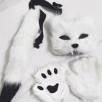 Guantes de máscara de cola de piel esponjosa, guantes de manos con patas de gato y máscara de lobo Therian, conjunto para disfraz de Halloween, accesorios para fiesta