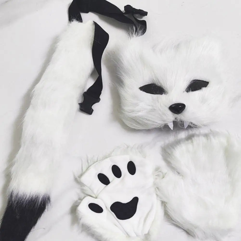 Guantes de máscara de cola de piel esponjosa, guantes de manos con patas de gato y máscara de lobo Therian, conjunto para disfraz de Halloween, accesorios para fiesta