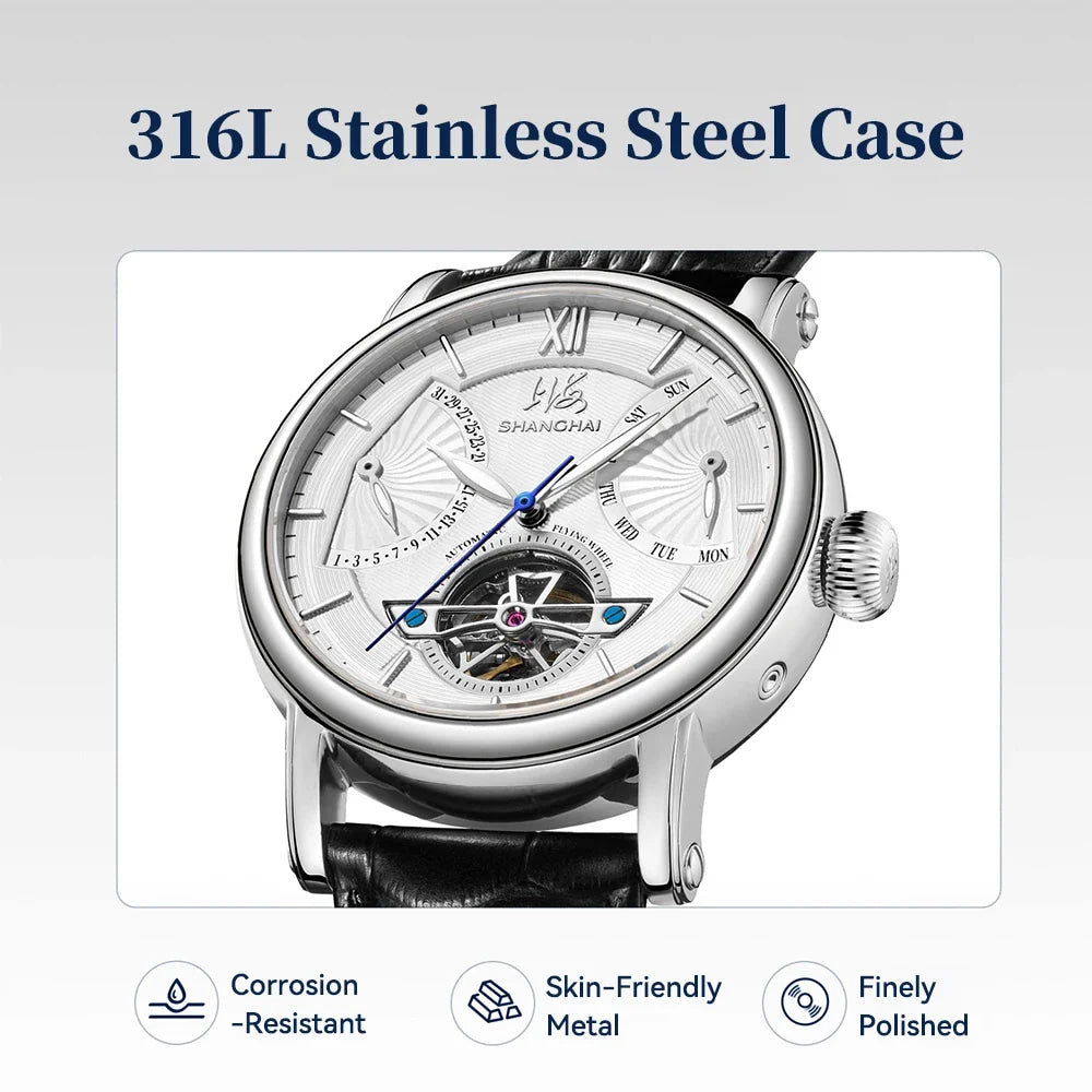 Shanghai Watch Skeletonized Flywheel Men's Mechanical Watch 42mm Automatic Watches Retrograde Calendar Sapphire Wristwatch S8924