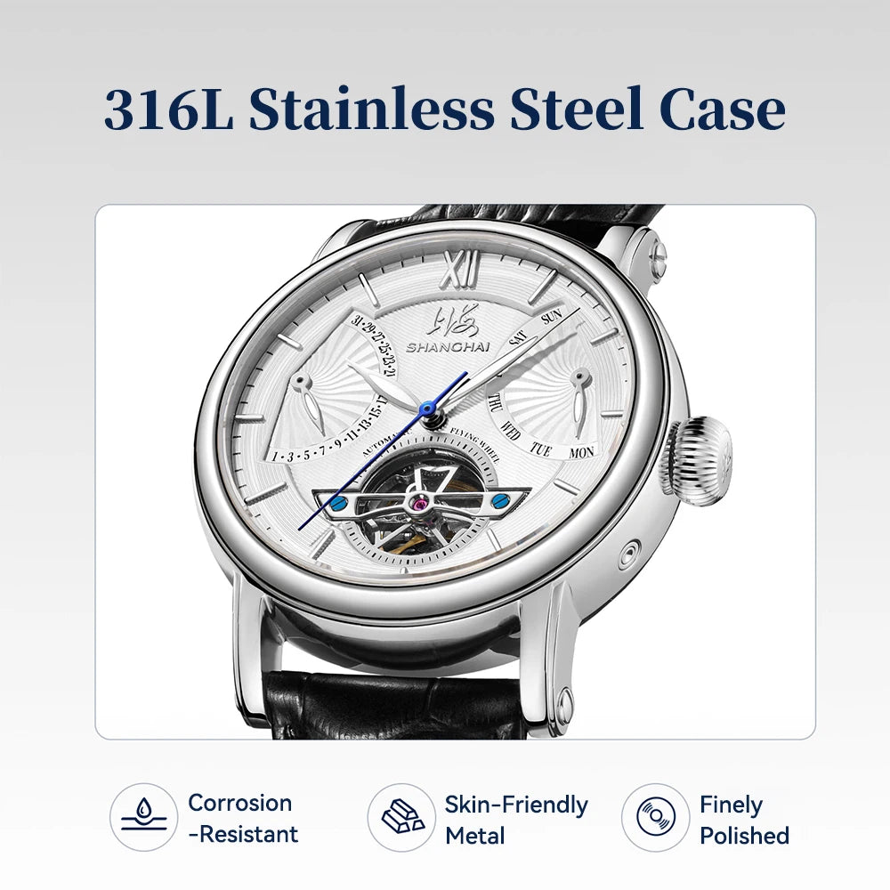 Shanghai Watch Skeletonized Flywheel Men's Mechanical Watch 42mm Automatic Watches Retrograde Calendar Sapphire Wristwatch S8924
