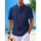 2025 autumn cross-border men's cotton and linen stand collar short sleeved shirt, loose casual Henley shirt for men