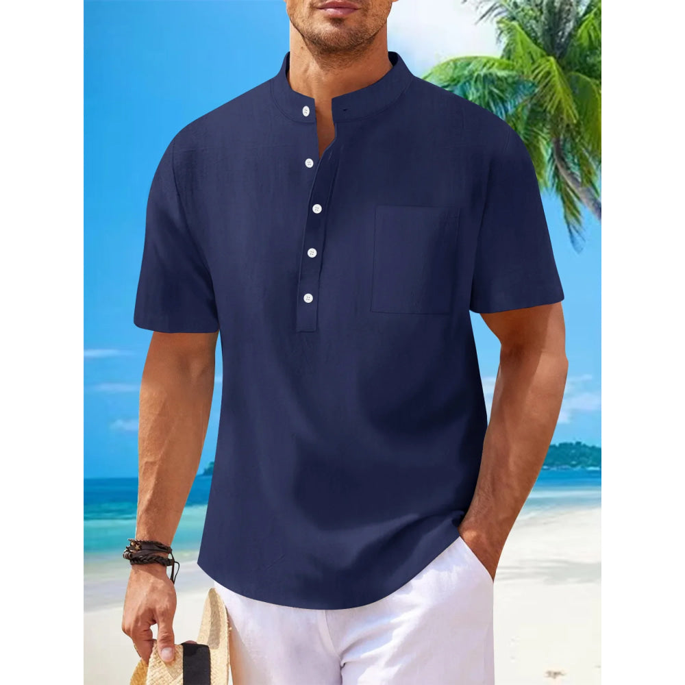 2025 autumn cross-border men's cotton and linen stand collar short sleeved shirt, loose casual Henley shirt for men