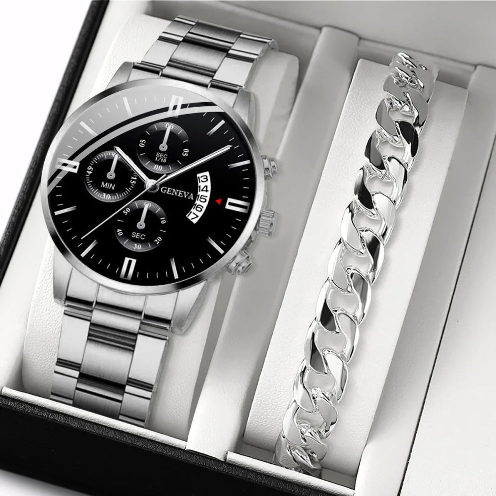 2 uds relojes de negocios para hombres reloj de cuarzo con banda de acero a la moda reloj con calendario masculino pulsera reloj Masculino (sin caja)