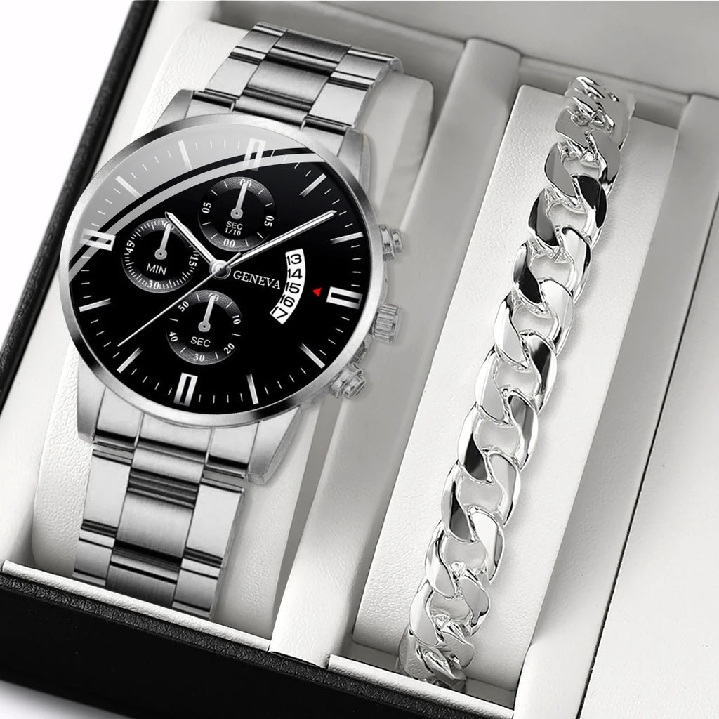 2 uds relojes de negocios para hombres reloj de cuarzo con banda de acero a la moda reloj con calendario masculino pulsera reloj Masculino (sin caja)
