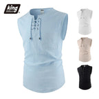 Men's Tank Tops Cotton Linen Breathable Lightweight Solid Color Drawstring Design V-neck Cool Feeling Vacation Style Male Tops