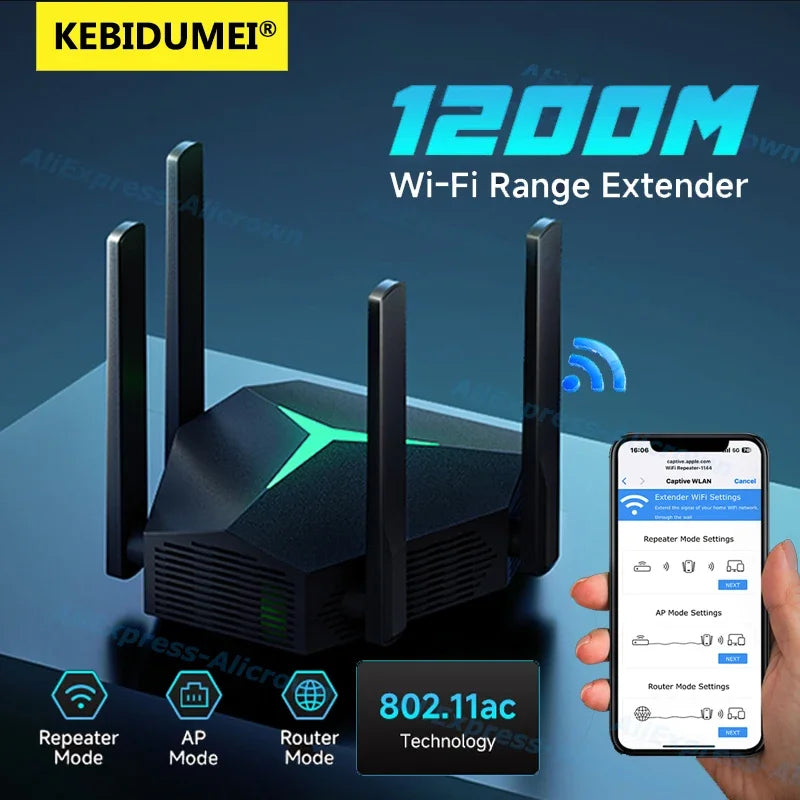 Repetidor WiFi de doble banda 5G AC1200, extensor de señal inalámbrico de 1200M, enrutador/repetidor/enrutador amplificador WiFi AP de 2,4G/5Ghz para el hogar