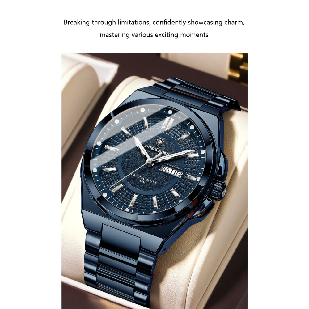 POEDAGAR Sport Original Men Clock Quartz Date Week Luxury Man Wristwatch Waterproof Luminous Stainless Steel Men's Watches Reloj