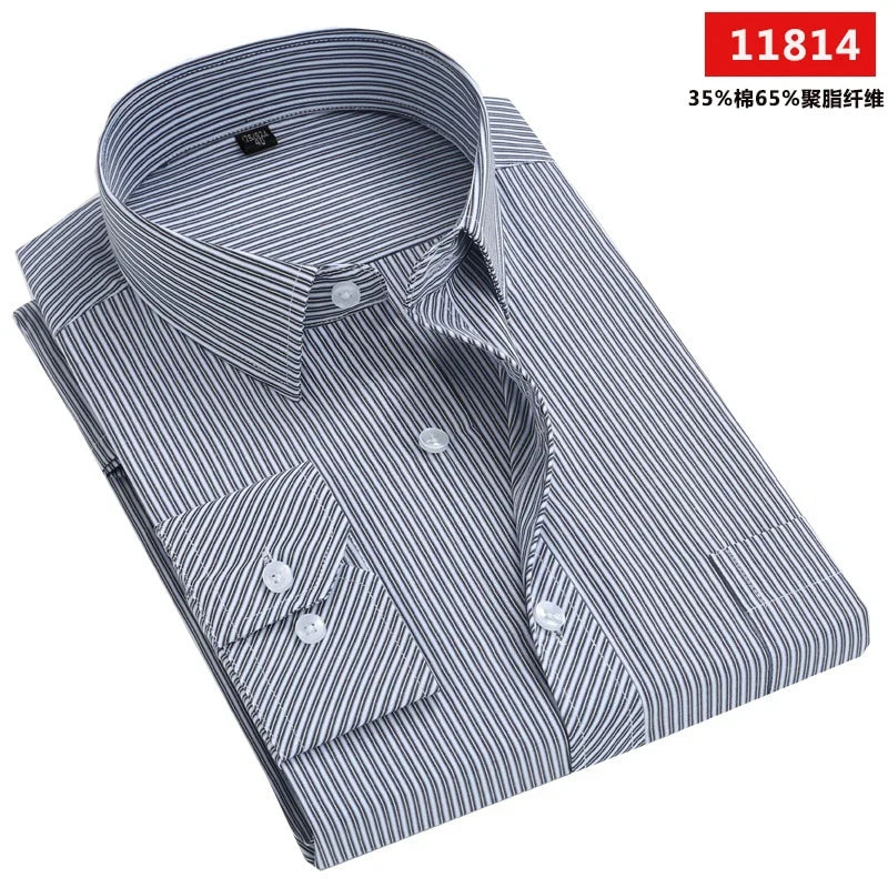 Men's long-sleeved shirt loose version flat hem striped business formal middle-aged and elderly straight shirt