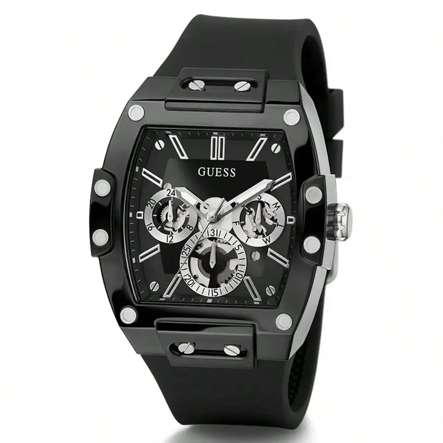 GUESS Watches for Men Original Luxury Skeleton White Tonneau Multifunction Quartz Chronograph Silicone Strap Fashion Sport Wrist