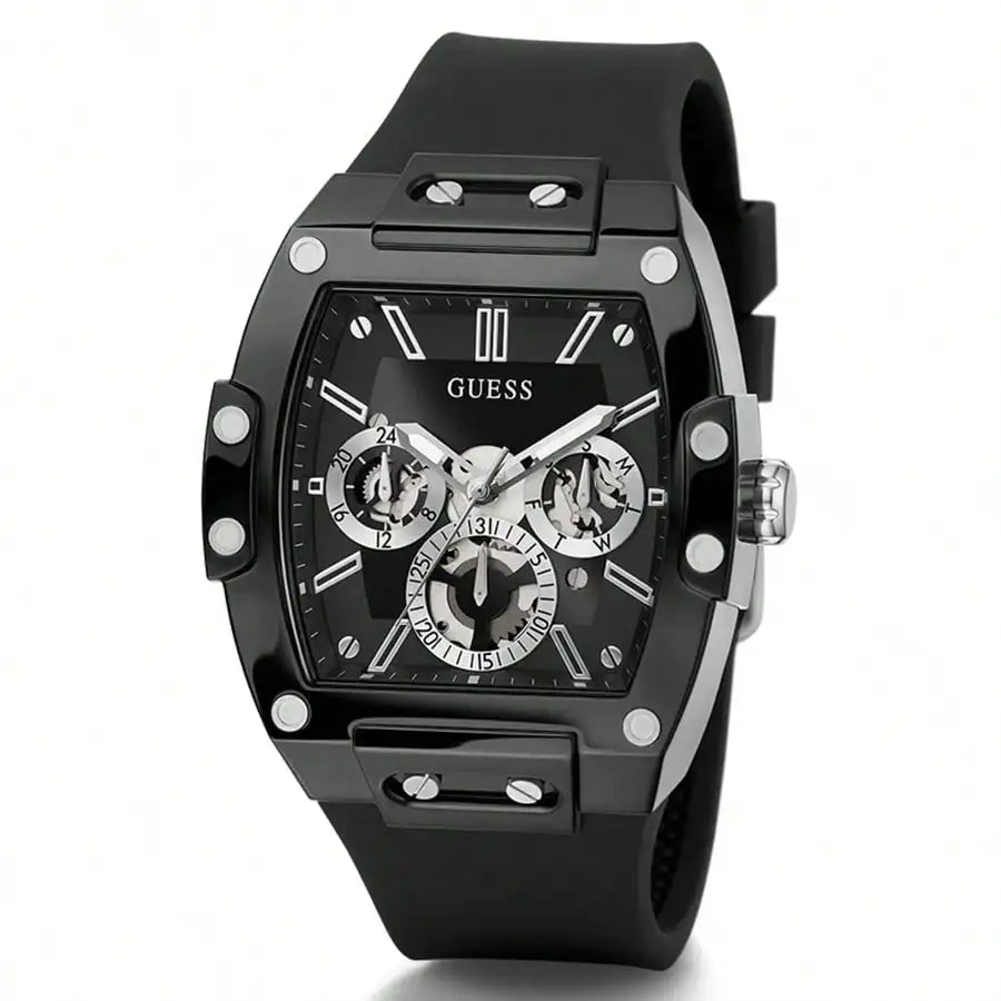 GUESS Watches for Men Original Luxury Skeleton White Tonneau Multifunction Quartz Chronograph Silicone Strap Fashion Sport Wrist