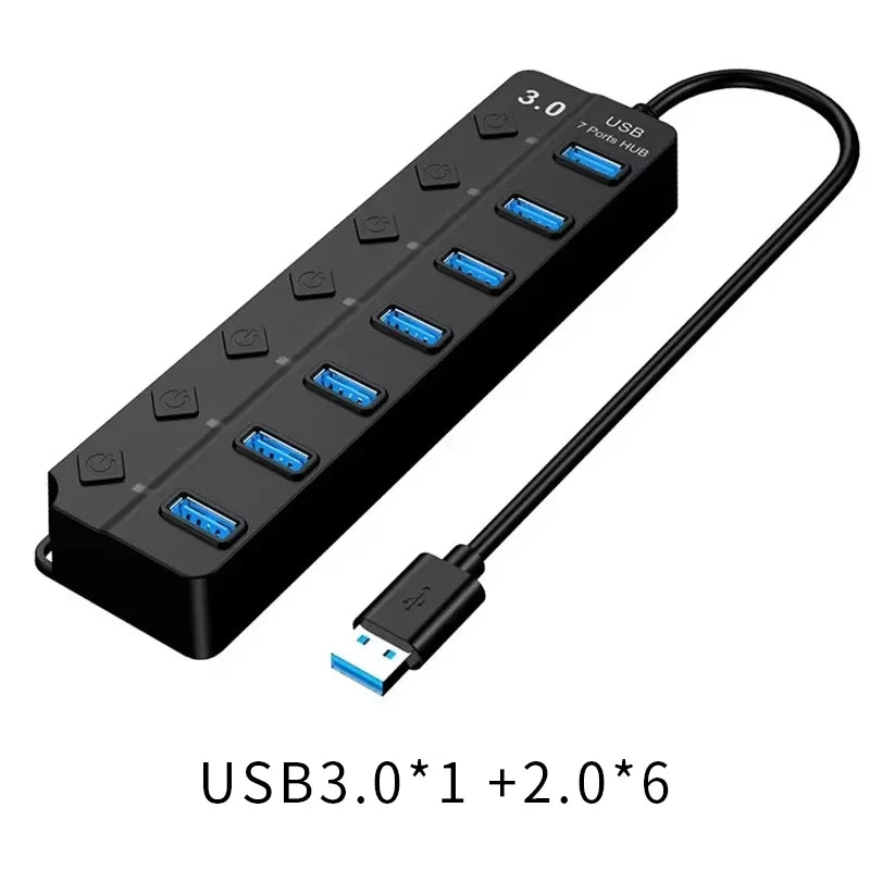 USB3.0 HUB 4 en 1 7 en 1USB Splitter 2.0 Adaptador USB Extensor de interruptor de alimentación independiente multipuerto Cable de 30 CM