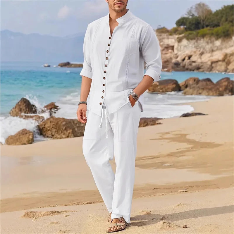 Men's Fashionable Cotton Linen Shirt Set, Stand Collar, Long Sleeves, Two-Piece Set, Spring/Autumn Style, 100% Natural Fiber