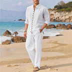 Men's Fashionable Cotton Linen Shirt Set, Stand Collar, Long Sleeves, Two-Piece Set, Spring/Autumn Style, 100% Natural Fiber
