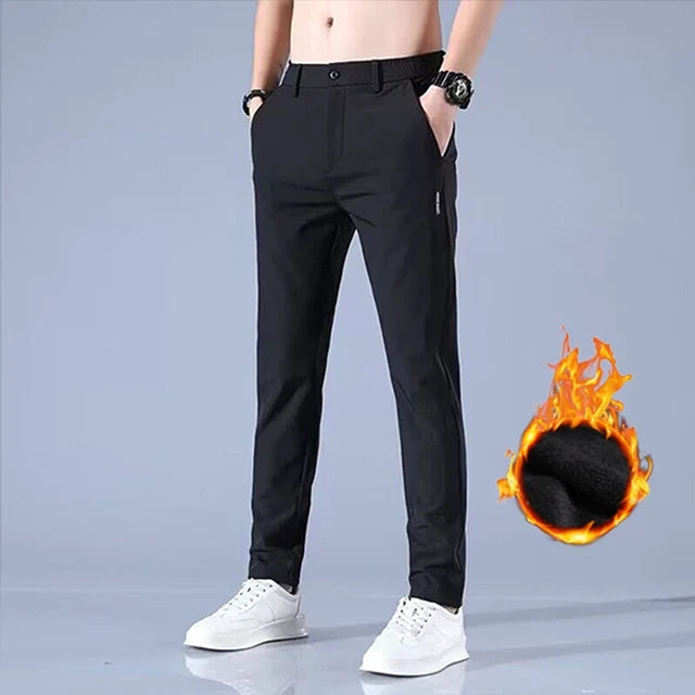 Pantalones informales de terciopelo para hombre, pantalones gruesos de negocios elásticos ajustados con cintura elástica para correr al aire libre, pantalones clásicos coreanos de lana para invierno 2024
