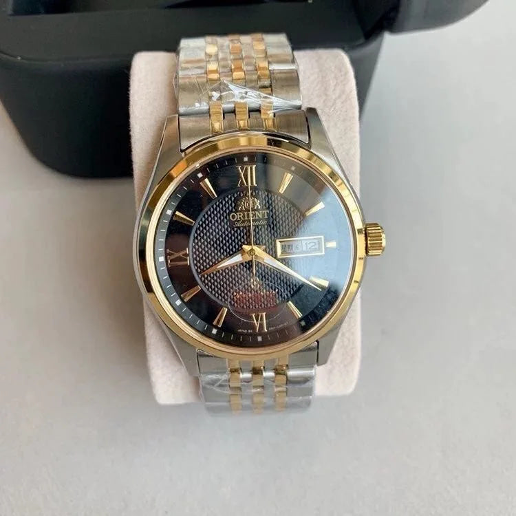 Orient Two-Tone Automatic Watch Multi-Color Dial Roman Numerals Day-Date Steel Band 50M Water Resistant Men's Classic Wristwatch