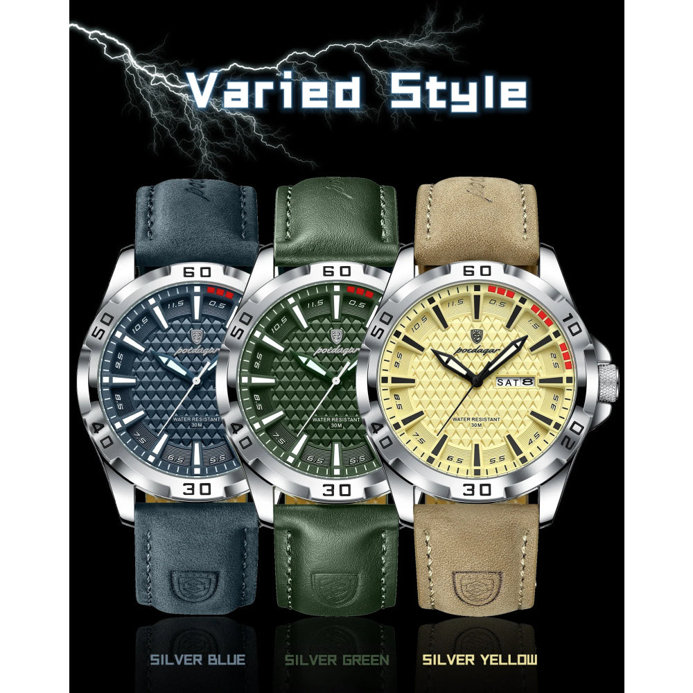 POEDAGAR Original Man Wristwatch Top Luxury Waterproof Luminous Date Week Watch For Men Quartz Sport Leather Men's Watches Reloj