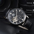 Orient automatic mechanical unisex watch with hollowed out personalized dial, fully functional world time leather strap