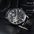 Orient automatic mechanical unisex watch with hollowed out personalized dial, fully functional world time leather strap