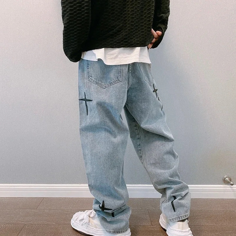 Prints Jeans Men 2026 New Streetwear Baggy Wide Leg Jeans Korean Fashion Drapes Straight Casual Loose Denim Cargo Pants