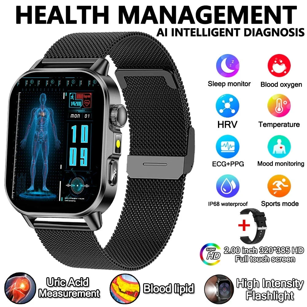 2026 New Model Uric Acid & Lipid Health Analysis Smart Watch Men ECG+PPG Bluetooth Call 2.01-inch Flashlight Smartwatch Women