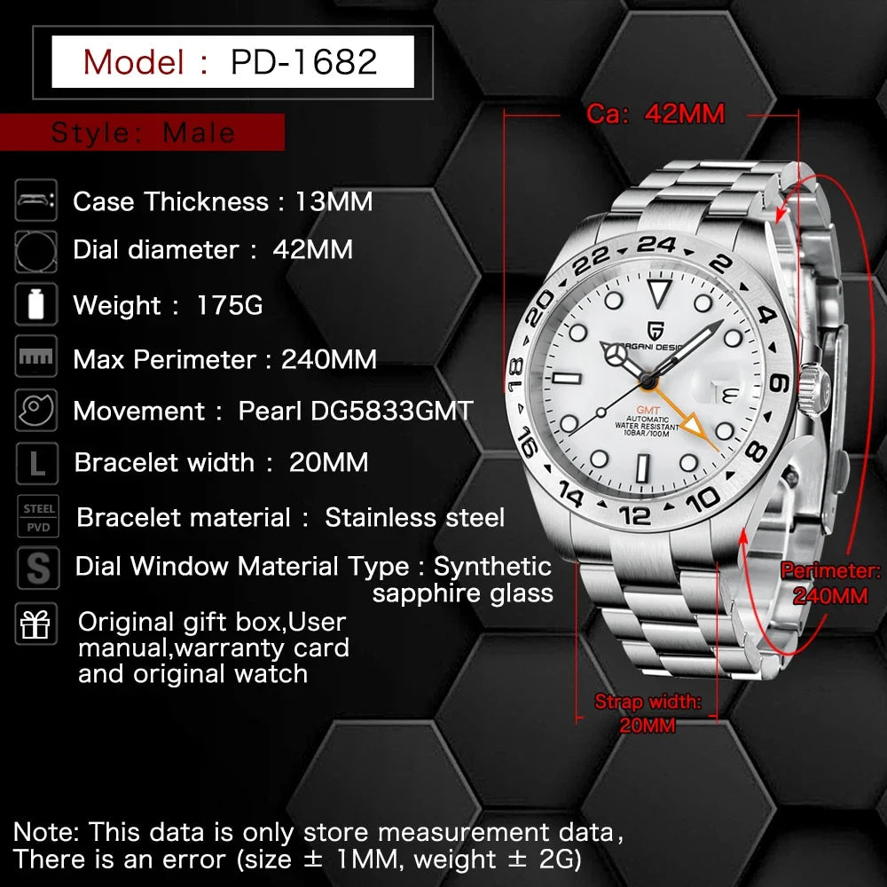 PAGANI Design 2025 nuevo Reloj GMT de 42MM, relojes mecánicos automáticos para Hombre, Reloj resistente al agua de acero inoxidable con zafiro, Reloj para Hombre