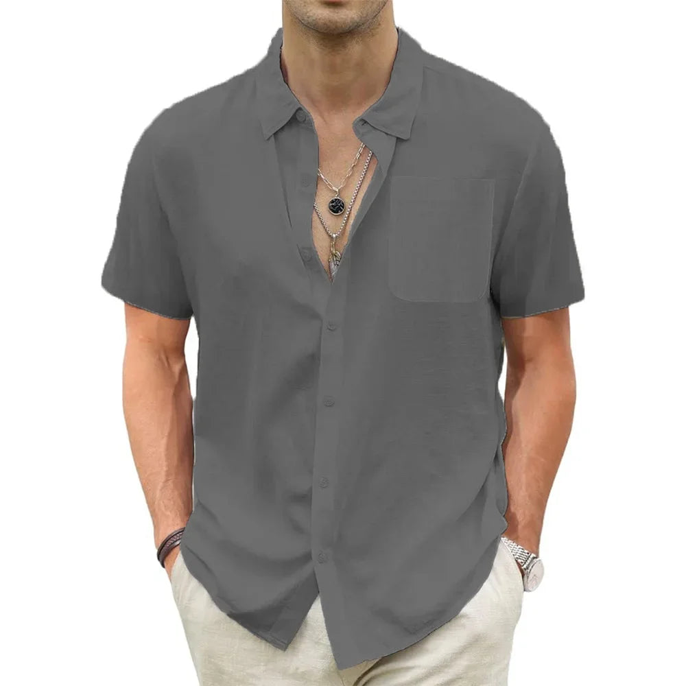 Men's Lightweight Hawaiian Shirts Cotton Linen Breathable Short Sleeve Shirts Vacation Beach Casual Summer Men Tops with Pocket