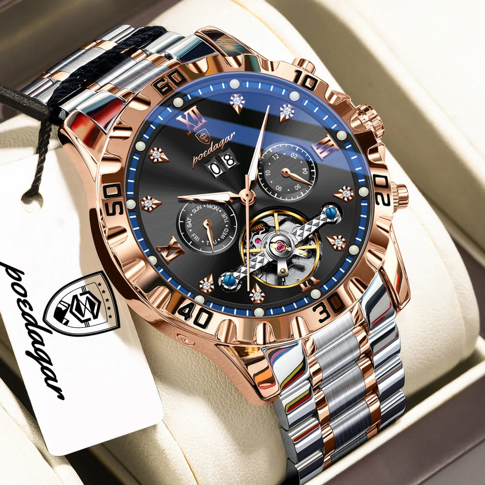 POEDAGAR Luxury Men Wristwatch Hollow Tourbillon Luminous Date Week Man Clock Automatic Mechanical Stainless Steel Men's Watches