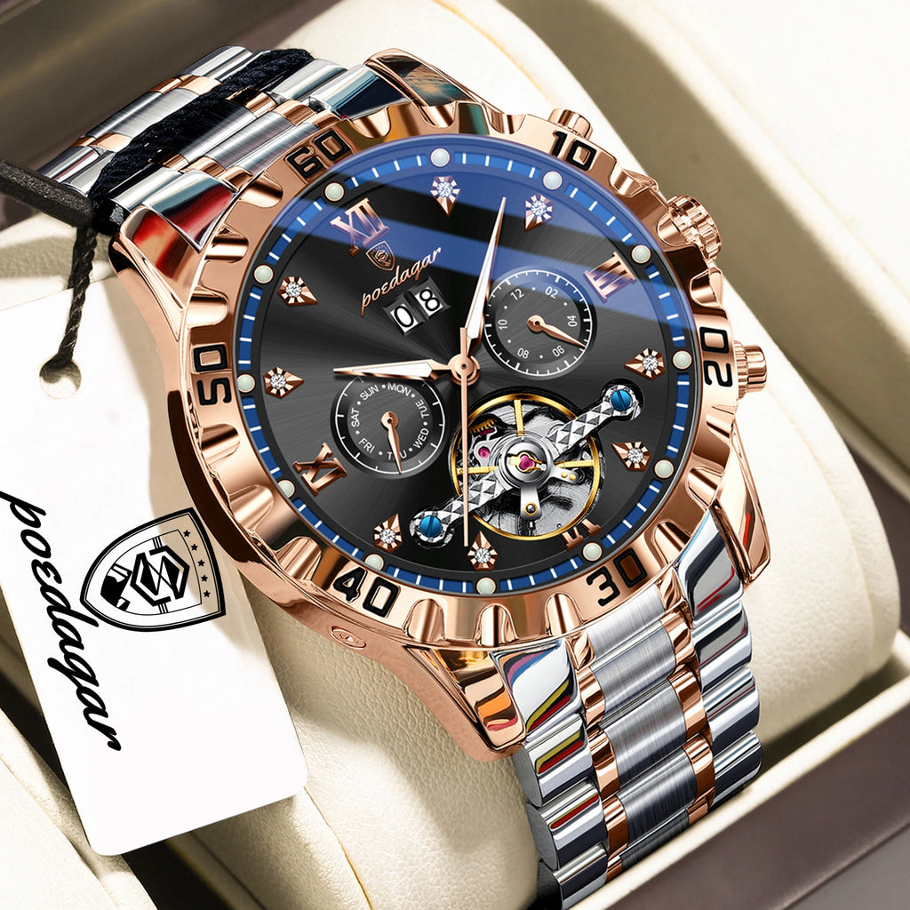 POEDAGAR Luxury Men Wristwatch Hollow Tourbillon Luminous Date Week Man Clock Automatic Mechanical Stainless Steel Men's Watches