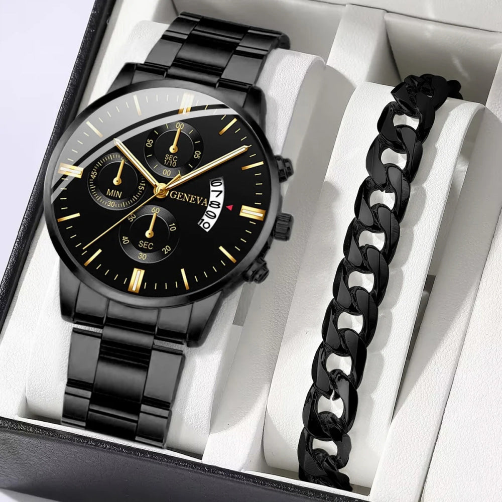 2 uds relojes de negocios para hombres reloj de cuarzo con banda de acero a la moda reloj con calendario masculino pulsera reloj Masculino (sin caja)