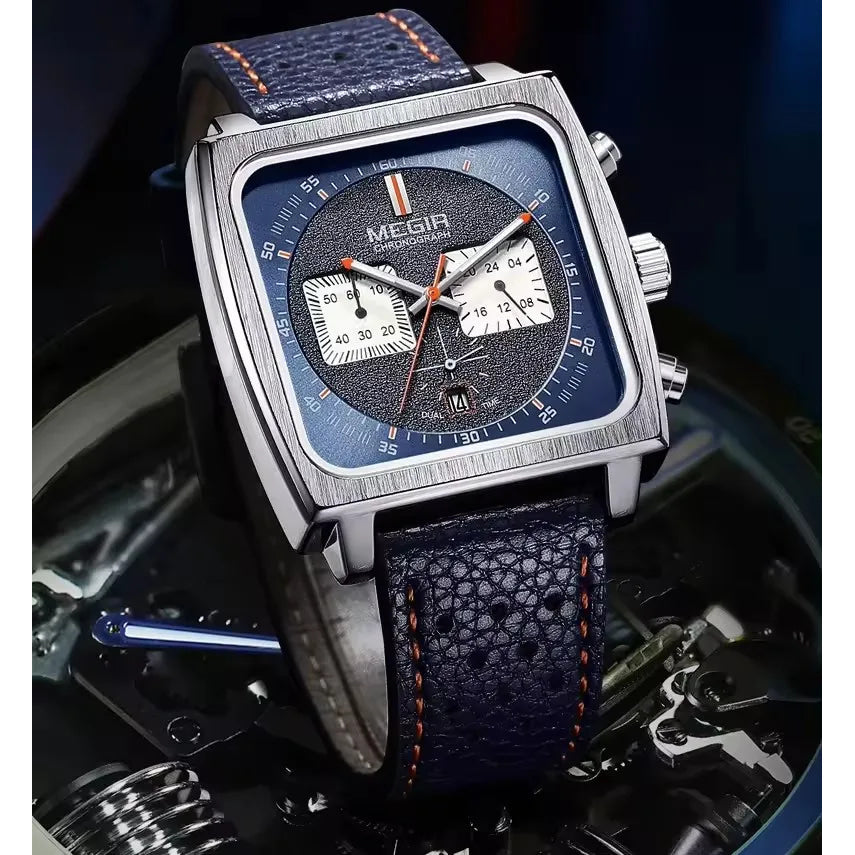 MEGIR 2182 Luxury Fashion Sports Chronograph Multi-Functional Military Leather Date Wristwatches for Men Relogio Masculino