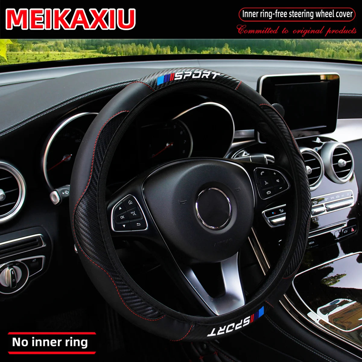 Carbon fiber leather SPORT car steering wheel cover without inner ring, car decoration, suitable for both men and women