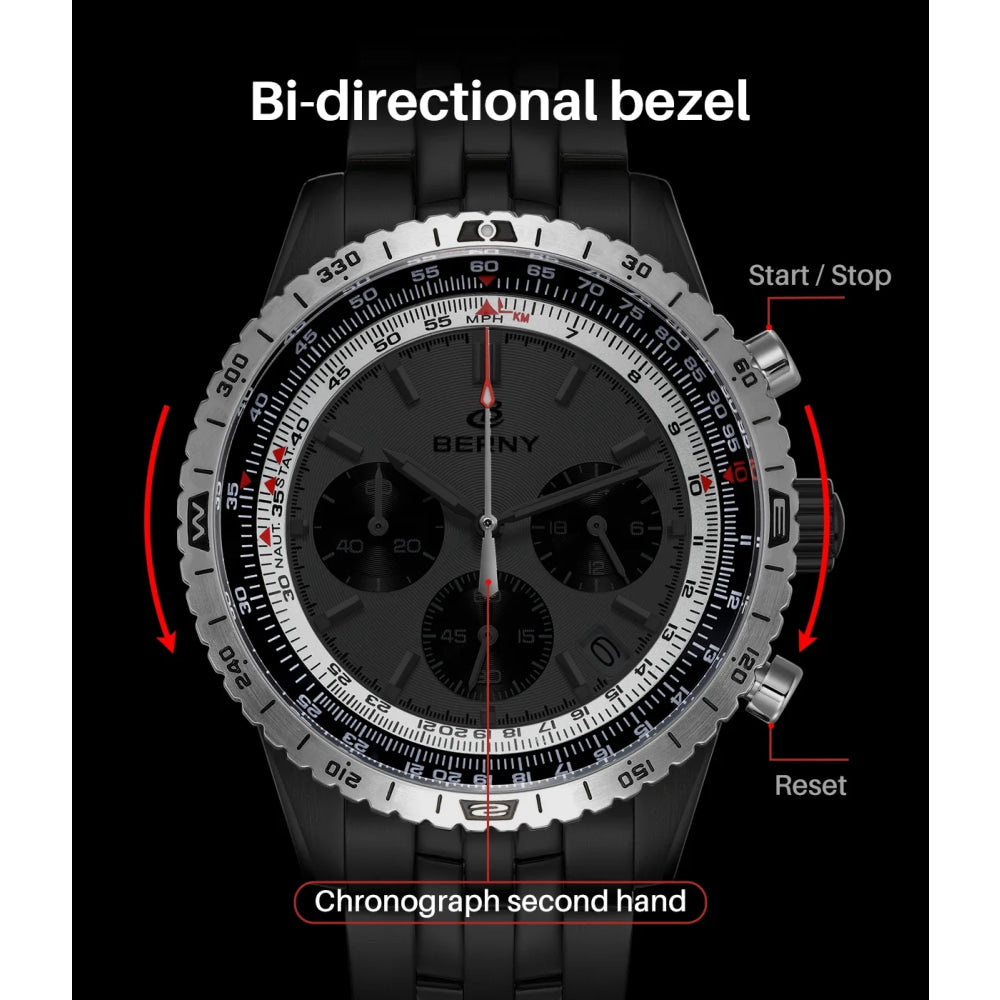 BERNY Chronograph Watches for Men Aviation Multifunction Quartz Men's Watch Date Sapphire Super Luminous Luxury Wristwatch