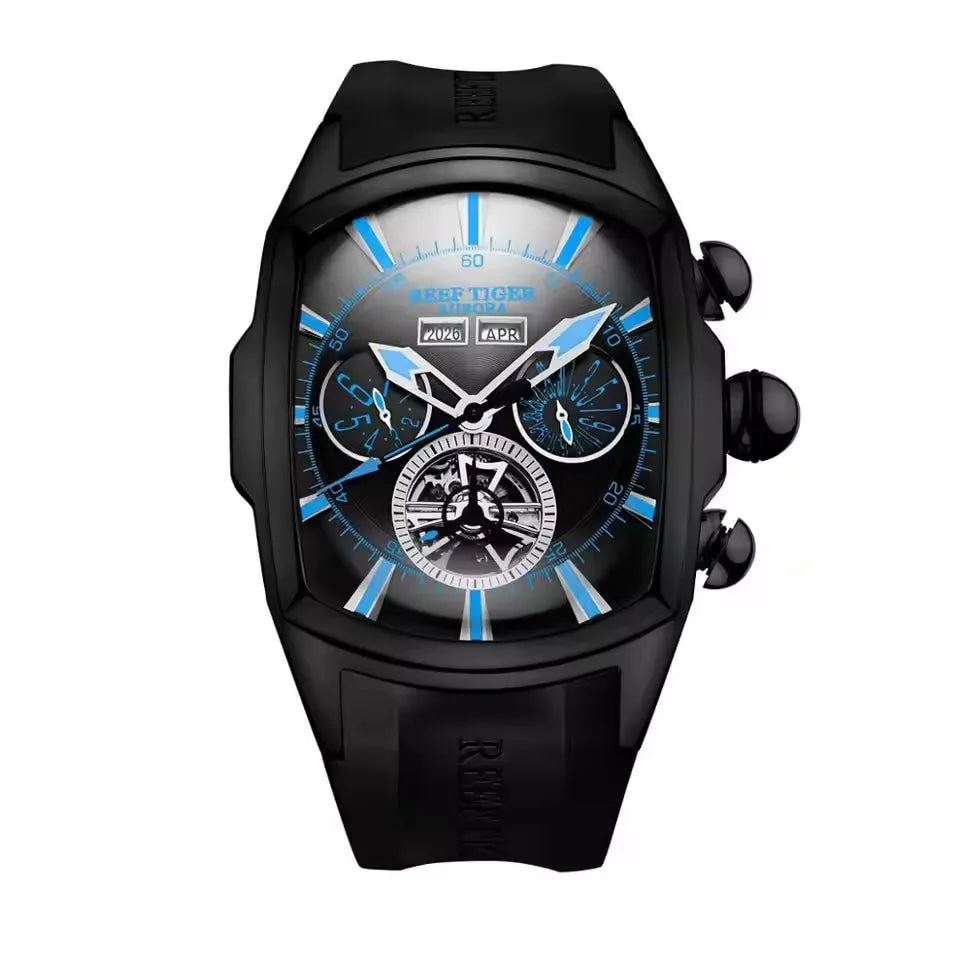 Reef Tiger 316L Stainless Steel Wine Barrel Automatic Watch Fashion Mulitfunction Tourbillon Mechanical Watches for Men RGA3069
