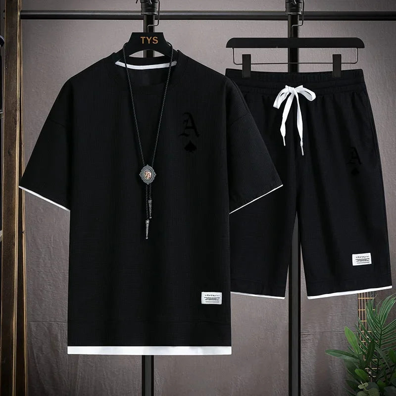 Fashionable casual men's sports suit short-sleeved T-shirt and outdoor summer sports shorts two-piece set daily casual