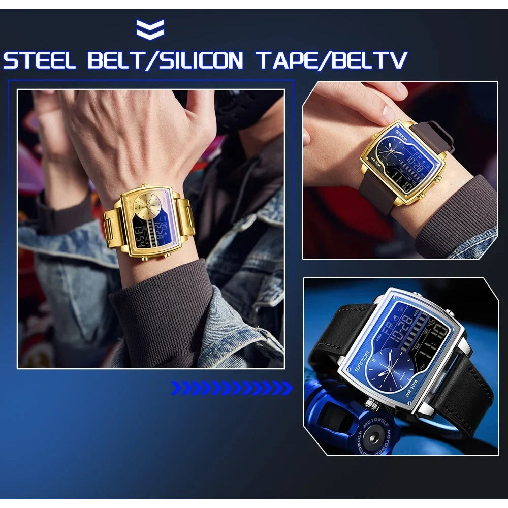 SANDA 6163 Fashion Trend Men's Quartz Watch Fashion Square Watch Countdown Sports Waterproof Dual Display Digital Men's Watches