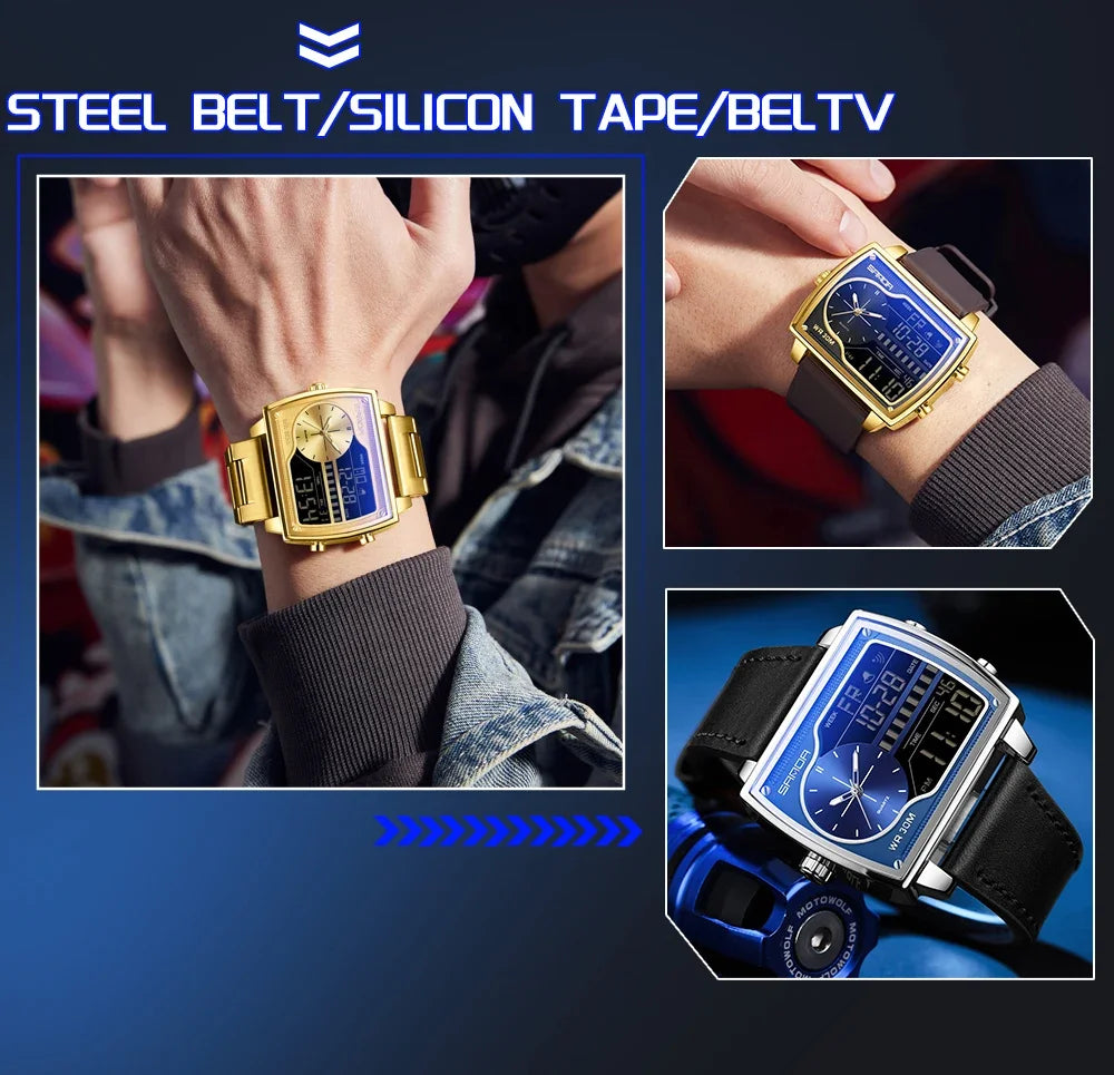 SANDA 6163 Fashion Trend Men's Quartz Watch Fashion Square Watch Countdown Sports Waterproof Dual Display Digital Men's Watches