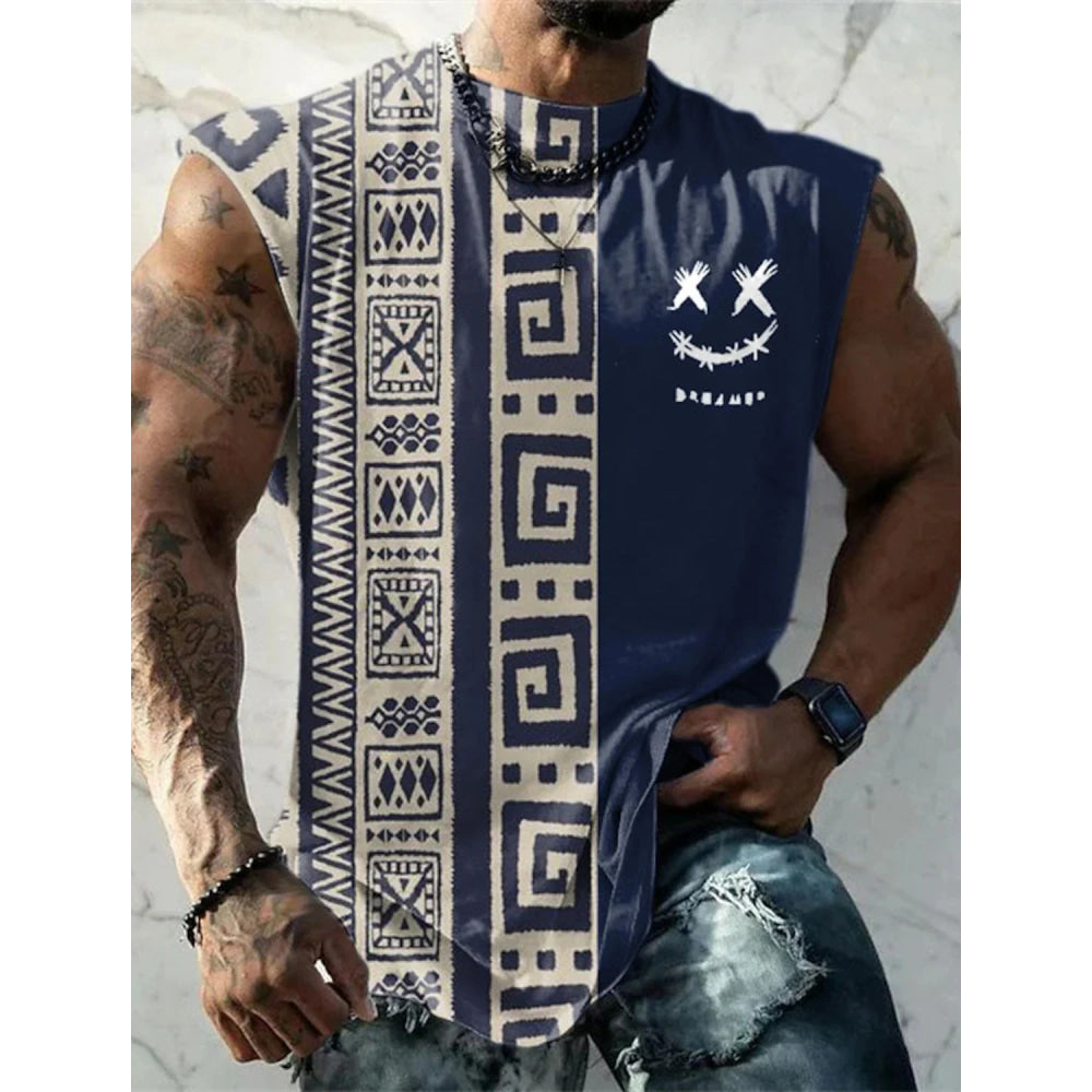 Summer New Men's Vest T Shirt Patterned Tribal Round Neck Clothing Daily Fitness Sports Vintage Sleeveless Printed Ethnic Tops