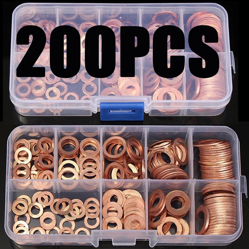Juego de tuercas y pernos de junta de arandela de cobre, Kit surtido de sellos de anillo plano con caja //M8/M10/M12/M14 para tapones de sumidero, 100/200 Uds.
