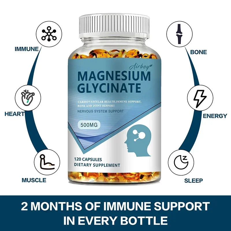 Magnesium Glycinate Capsules 500mg - Supports Bone and Heart Health, Aids Sleep, Relieves Stress, and Promotes Muscle Relaxation