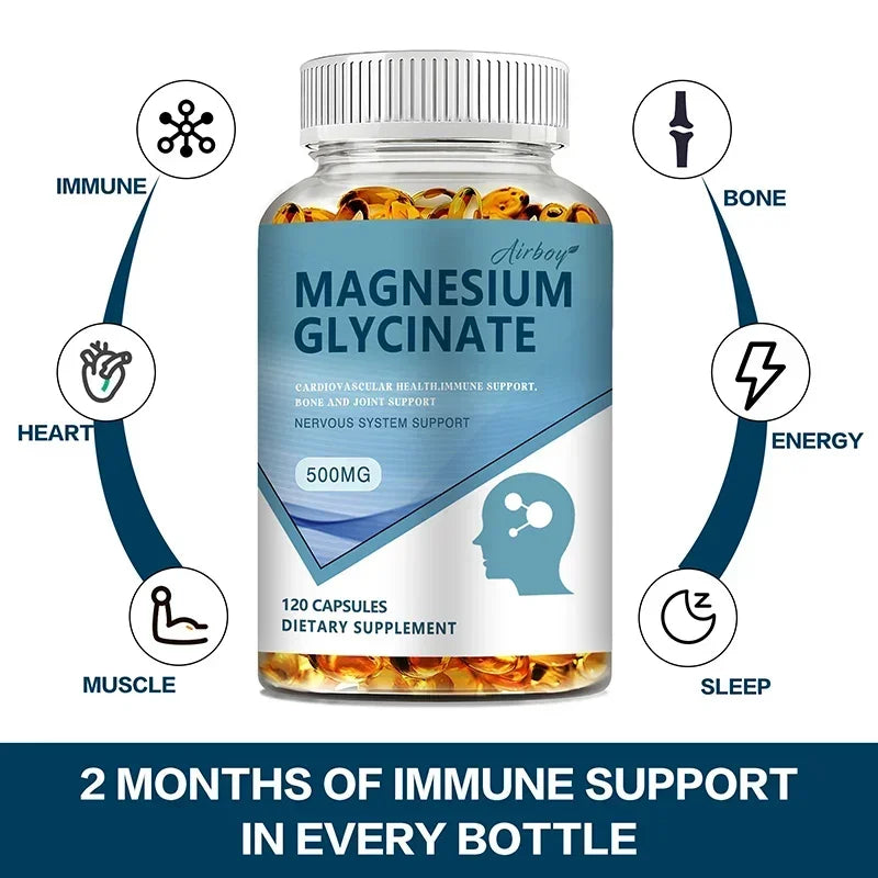 Magnesium Glycinate Capsules 500mg - Supports Bone and Heart Health, Aids Sleep, Relieves Stress, and Promotes Muscle Relaxation