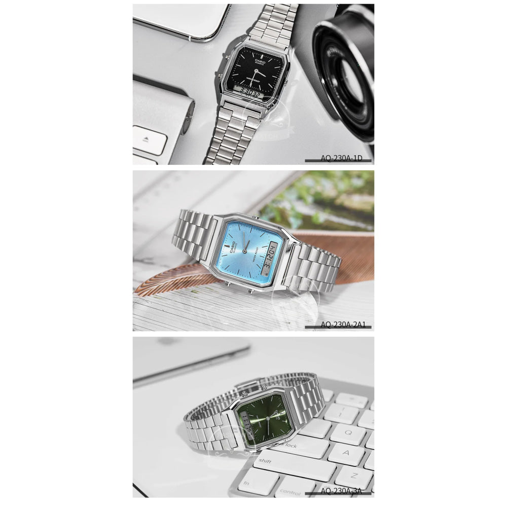 Casio Men's Watch Dual Display Screen Retro Style Personalized Dial Design Quartz Movement Water Resistant AQ-230A-
