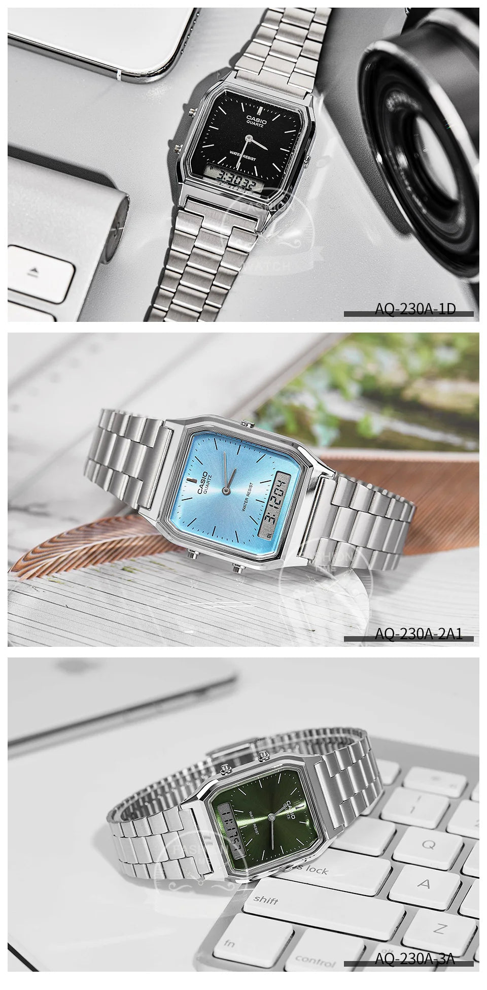 Casio Men's Watch Dual Display Screen Retro Style Personalized Dial Design Quartz Movement Water Resistant AQ-230A-
